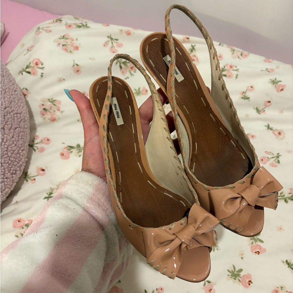Miu Miu Patent Leather Bow Slingback Heels in Nude Pink